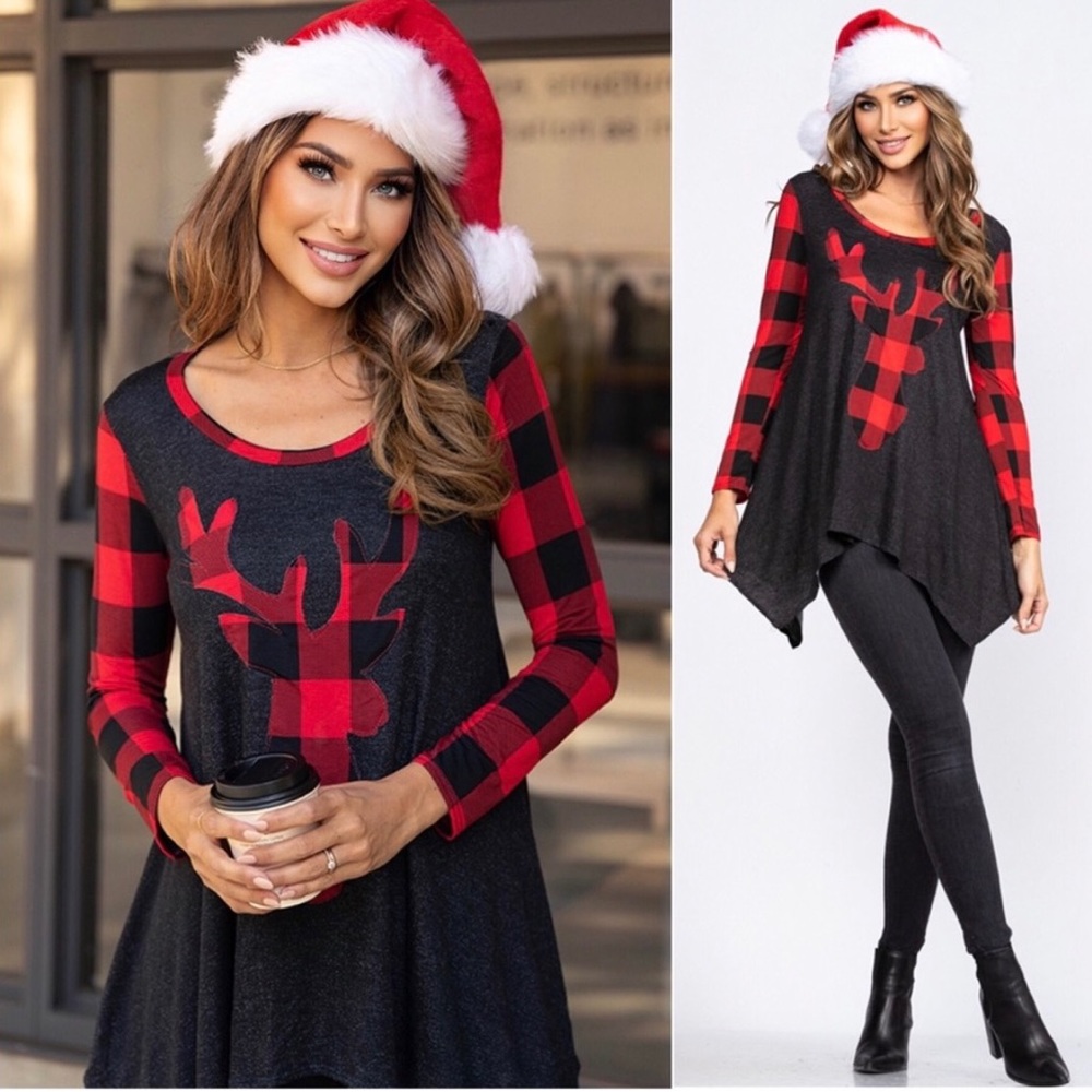 New! Clearance 🍇 USA MADE Buffalo plaid reindeer ultra soft holiday tunic top